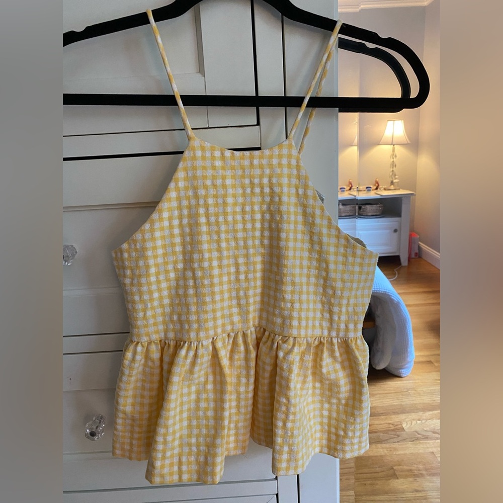 ZARA white and yellow gingham crop peplum halter top